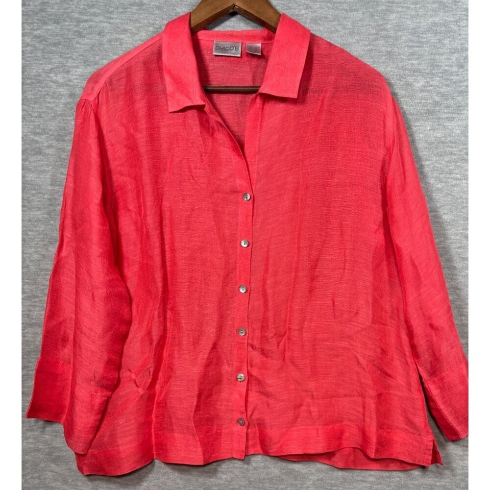 Chicos Coral Linen‎ Button Up Blouse Size 2 / Medium